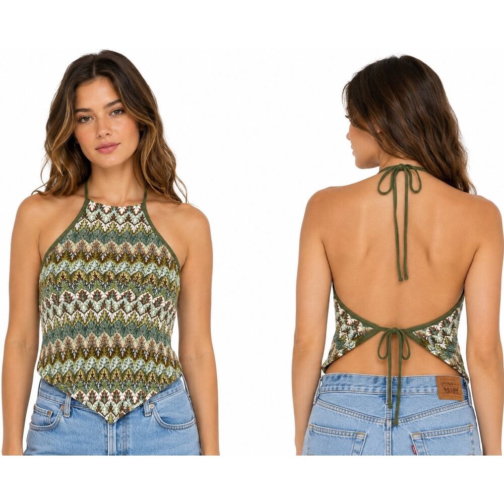 1990s Moonfeathers Textured Popcorn Knit Halter Top Olive Green Made USA XL NWT